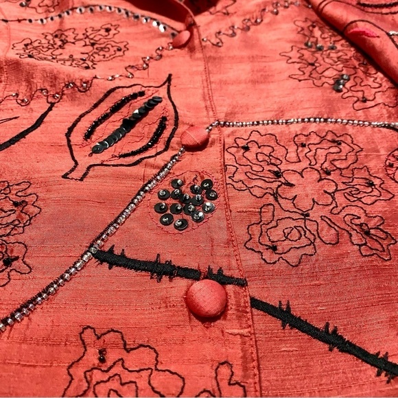 Orange Silk Button-down Blazer Jacket Top Large Artsy Beaded - Picture 7 of 15